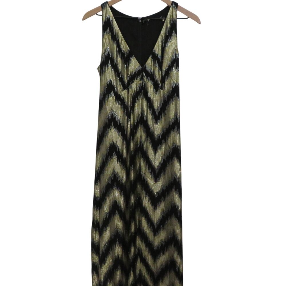 Banana Republic Womens Sz 6 Black Gold Metallic Knit Lurex Chevron Maxi Dress